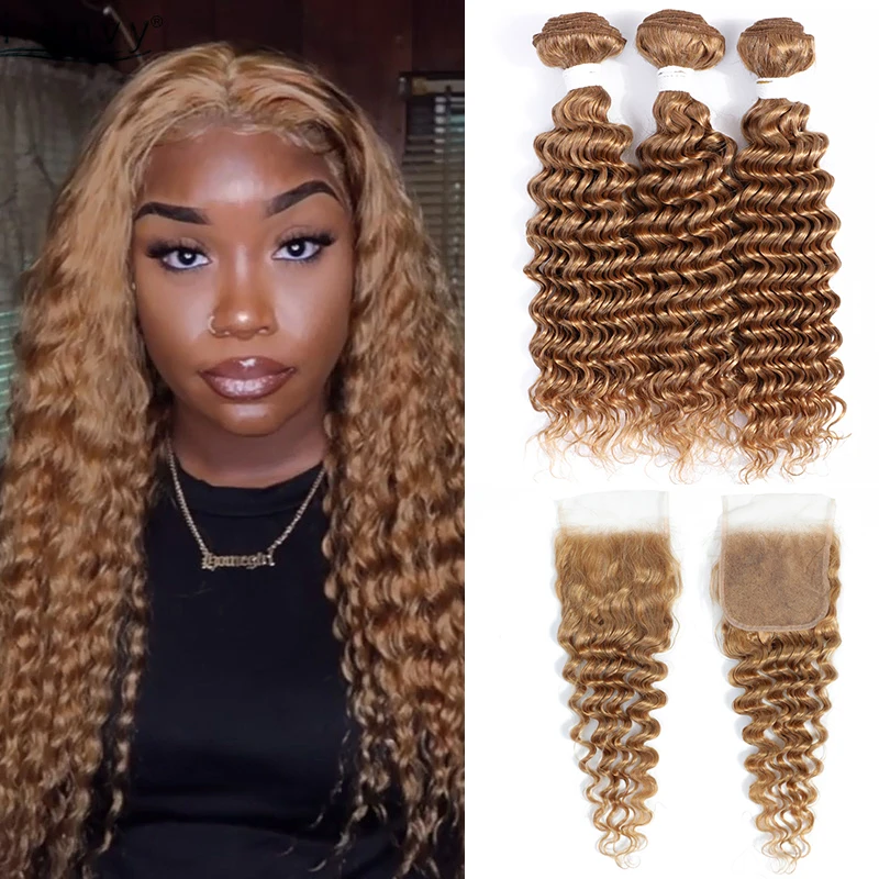 Tissage en Lot Brésilien Naturel Remy avec Closure, Couleur Blond Miel, Deep Wave, 3 Lots