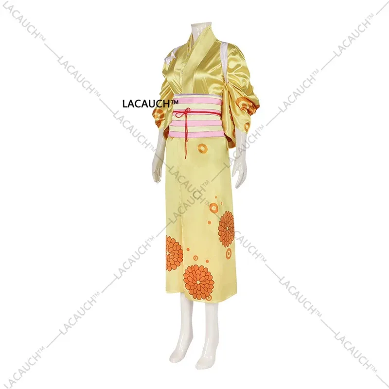 CyIN STOCK Anime Kikunojo 코스프레 의상 노란색 기모노 의상 할로윈 카니발 파티 역할 놀이 유니폼 여성용