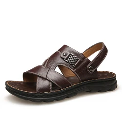 Men's Brown Leather Sandals Two-Wear Design Big Size 37-47 Comfortable Non Slip Casual Summer Outdoor Male Soft Beach Sandals
