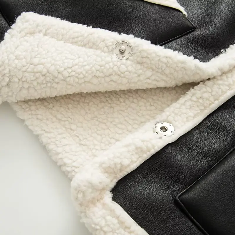 التباين لامب التلبيب سترة صوف المرأة عادية الخامس الرقبة أكمام واحدة الصدر قصيرة أفخم سترات 2026 سيدة الشتاء الشارع ارتداء جديد #6