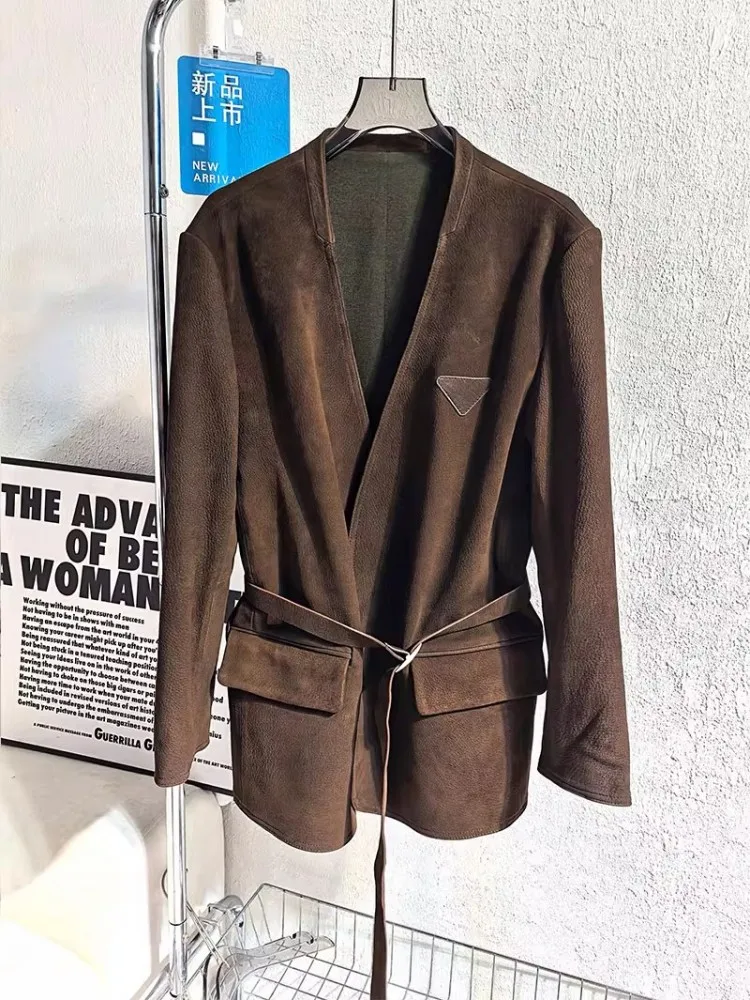 Chaqueta Vintage de cuero genuino para mujer, fajas Reversibles con cuello en V, chaquetas de traje elegantes, prendas de vestir medio largas de piel de oveja de ante de alta calidad