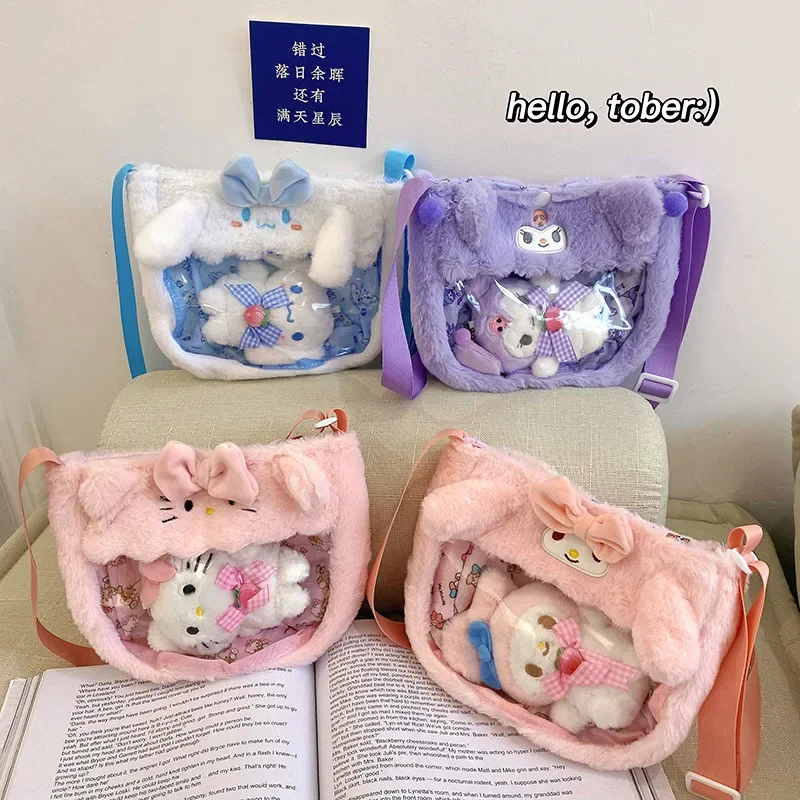 

Kawaii Sanrio Plush Bags Cinnamoroll Melody Kuromi Crossbody Bag Cartoon Transparent Plushie Handbag Hello Kitty Stuffed Backpac