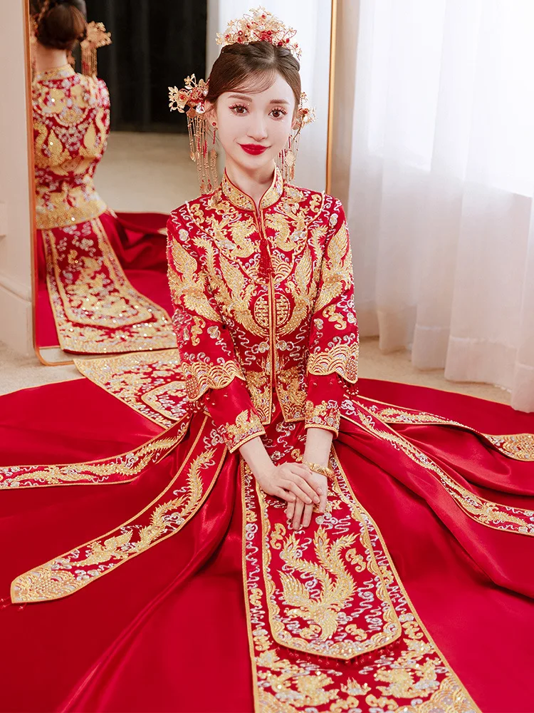 

Elegant Bride Traditional Chinese Style Phoenix Embroidery Toast Clothing Women Wedding Dress Tang Suit