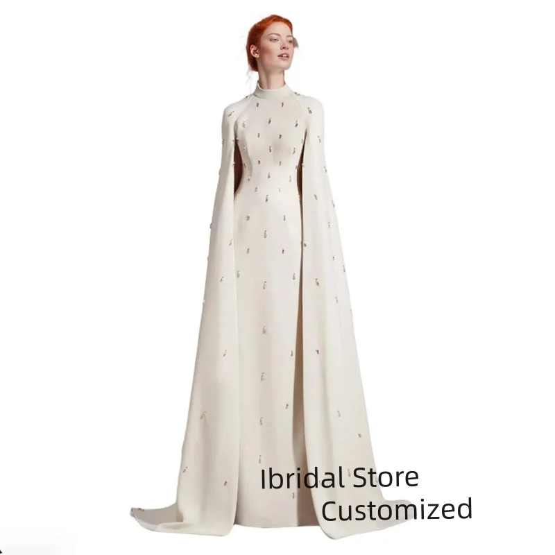 فستان حفلة موسيقية عربي مخصص برقبة عالية مطرز على شكل حرف A فستان حفلة نسائي مع كيب سويب تراين فساتين سهرة سعودية