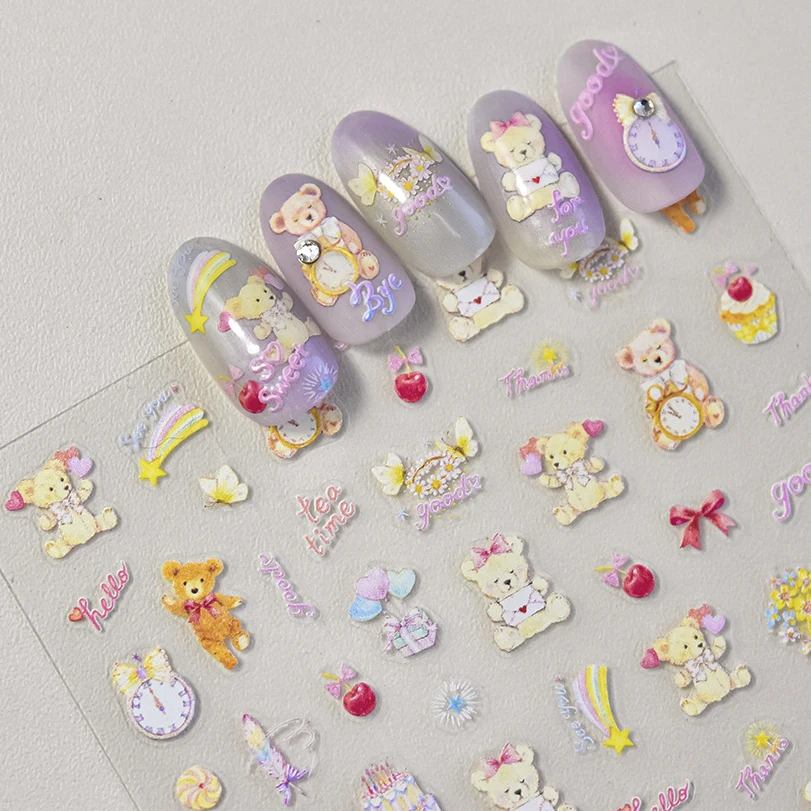 Cute Bear Flower Cake Moon Rhinestones Unicorn Cat Bunny Bow Swan Heart Balloon Embossed Relief Nail Art Sticker Manicure Decal