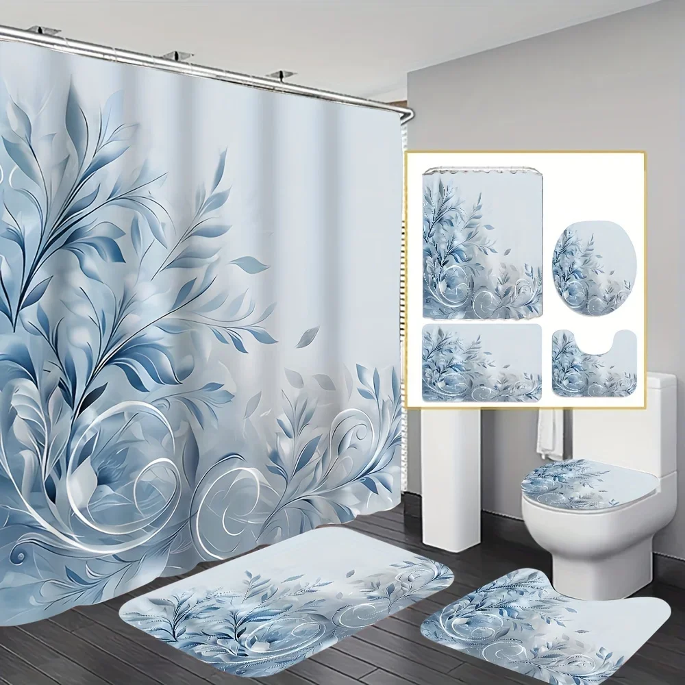 

Blue leaf pattern bathroom set - waterproof shower curtain + floor mat + toilet mat four-piece set, suitable for bathroom