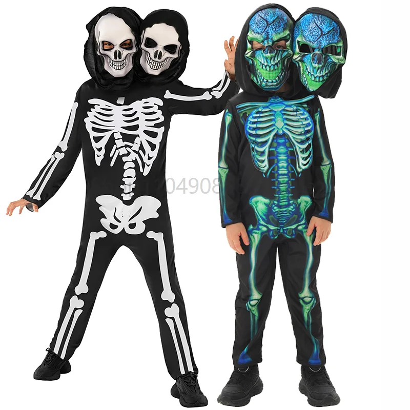 

2025 New Arrival children Twin Conjoined Fetus Skull Halloween Jumpsuit Fancy Dress Up Boys Two Headed Skeleton Costume