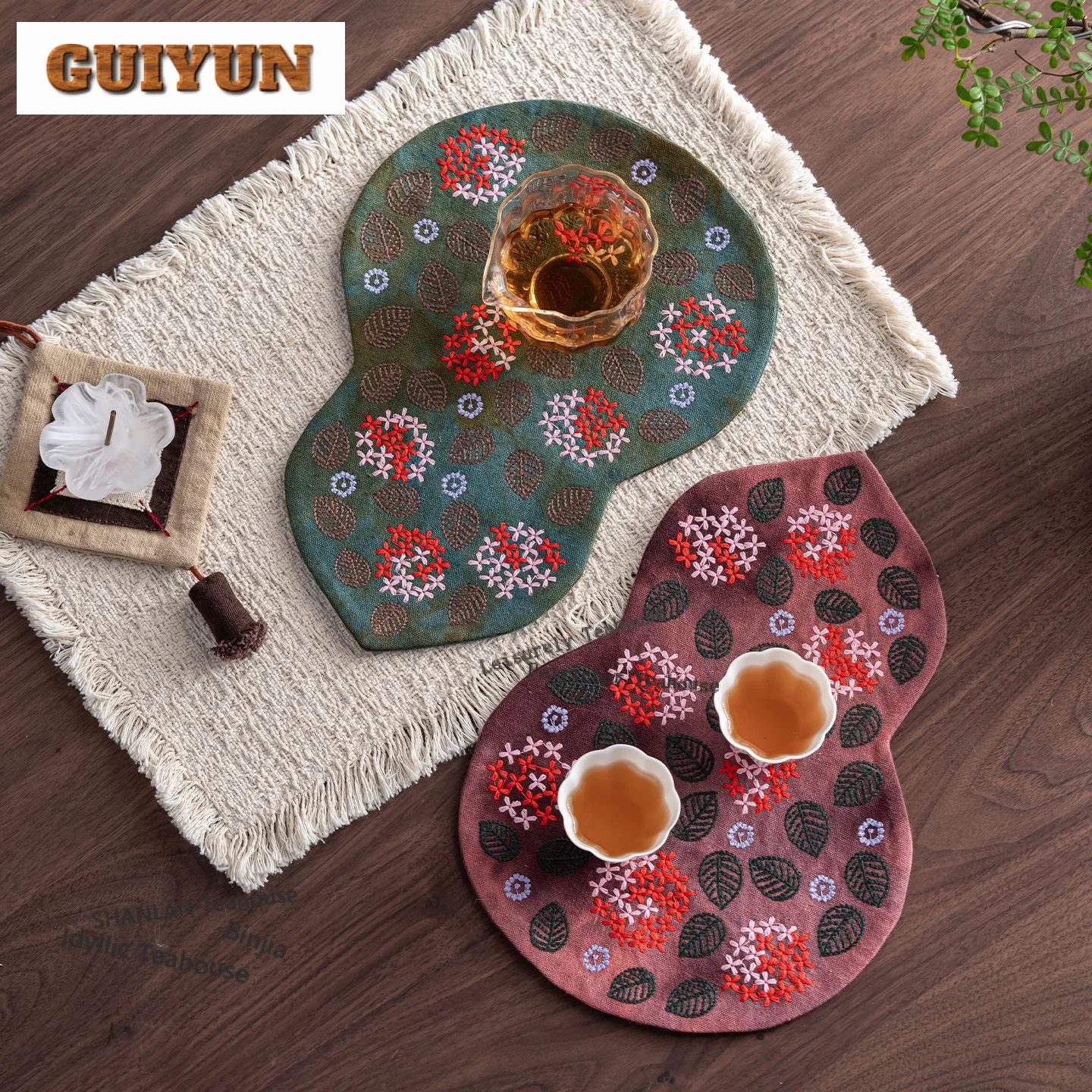 Gourd Cotton Linen Embroidered Tea Table Mats Handmade Drink Coaster Dinner Table Cloth Mat Teaware Accessories Decoration Craft