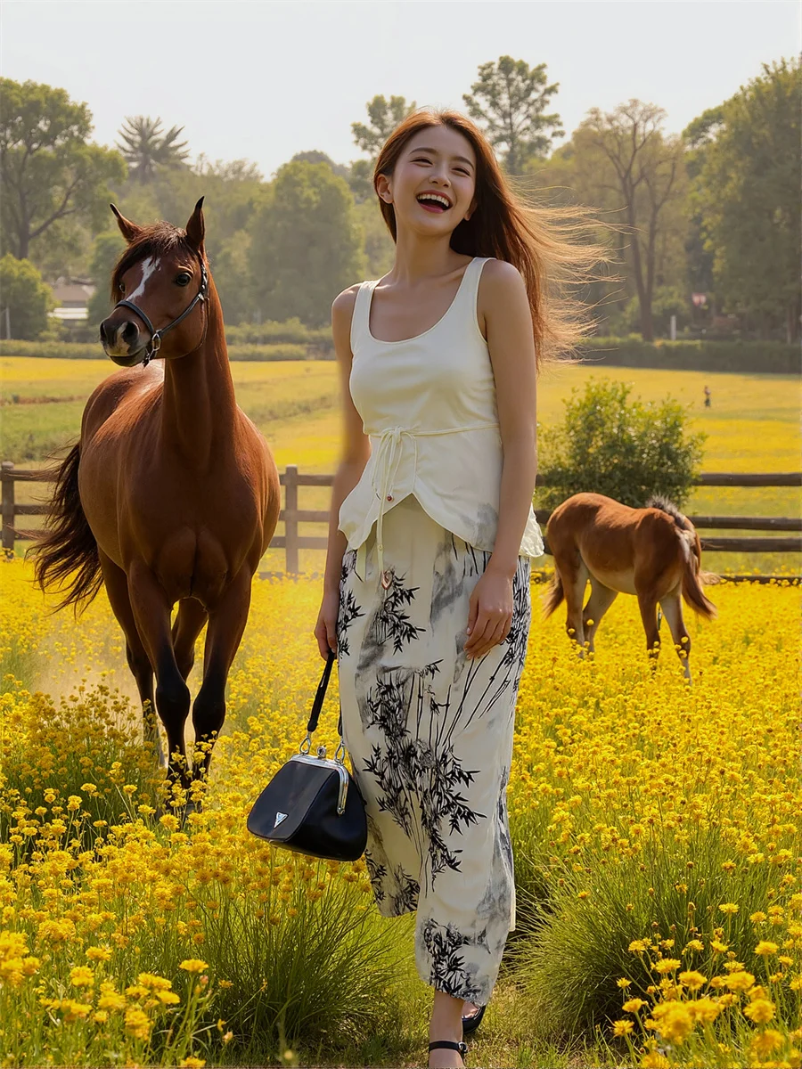 

Chinese Style Midi Skirts Womens Knotted Ruched Belted Waist Pleated Layered Sweet Chic Feminine Artistic Modern Pleat