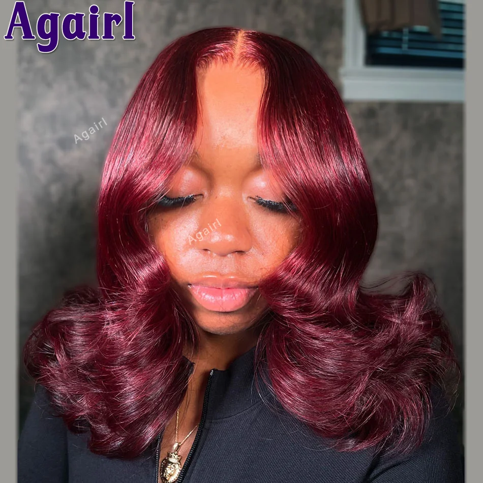 

Burgundy Red Short Bob Body Wave Human Hair Wigs Transparent 180% Density 13X4 Full Lace Frontal Bob Wigs for Women Pre Plucked