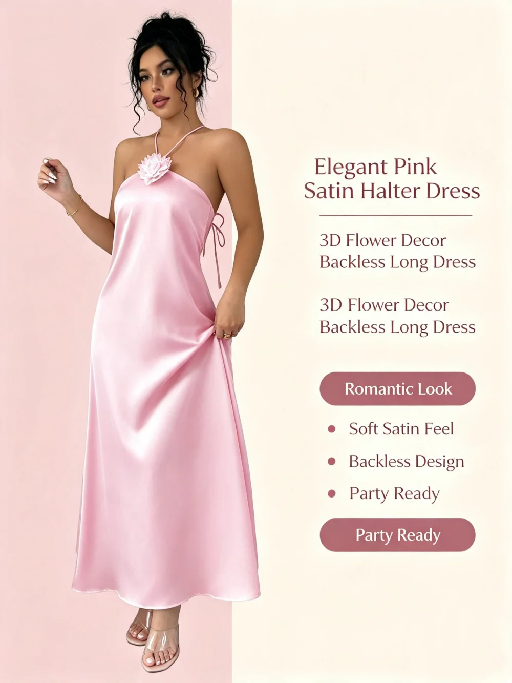 Damen 3D-Blumen Neckholder Rückenfreies Satin-Maxikleid Elegantes Rosa Slip-Kleid Langes Kleid für Hochzeitsgäste Abendparty Urlaub Midi-Kleid – Detail 2