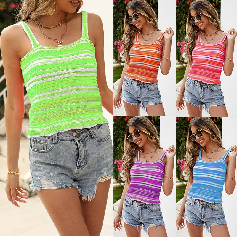 

2026 Summer Women's New Product Beach Knitted Bikini Tank Top Rainbow Small Strap