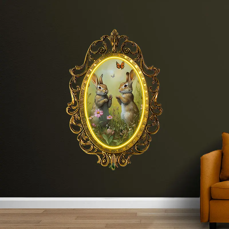 Toysign Vintage Bunnies Neon Wall Art – Ornate Framed LED Sign, Charming Rabbit Portrait for Home Decor, Nursery & Living Room