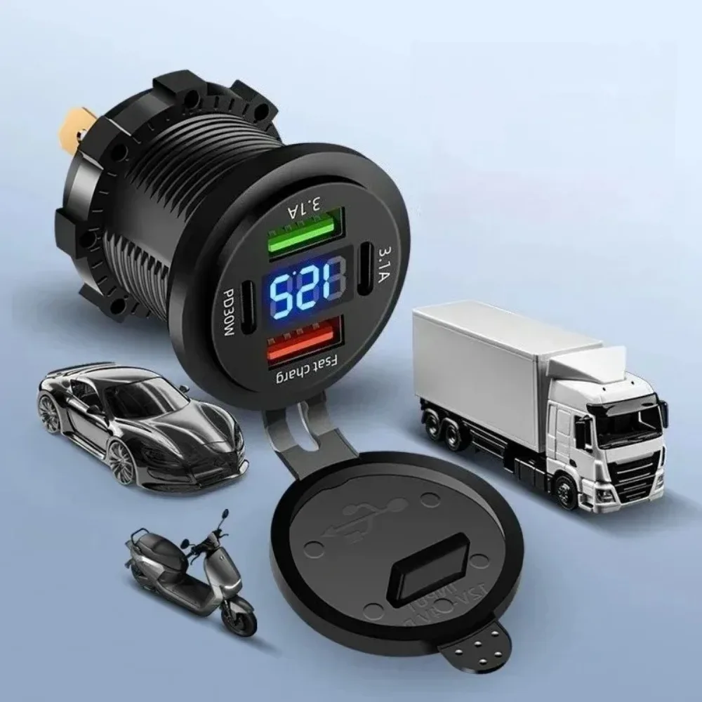 For Car Motorcycle ATV Car Charger Socket Digital Display Voltmeter USB Charger Socketv with ON-OFF Switch Quick Charge 3.0 USB