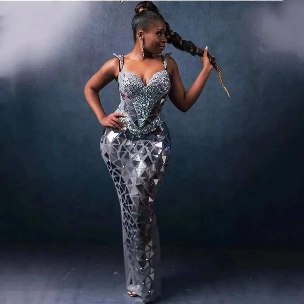 

Women Long Dress Birthday Celebrate Gowns Luxury Gold Silver Mirror Rhinestones Model Catwalk Singer Performance Stage Costume