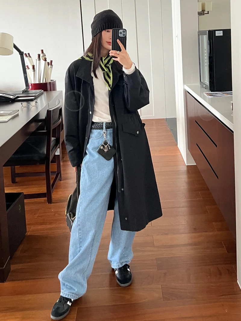 

Женское длинное пальто-ветровка 7AM0PM с множеством карманов, черное, премиум-класса, в корейском стиле, для повседневной носки, однотонное, из нейлона