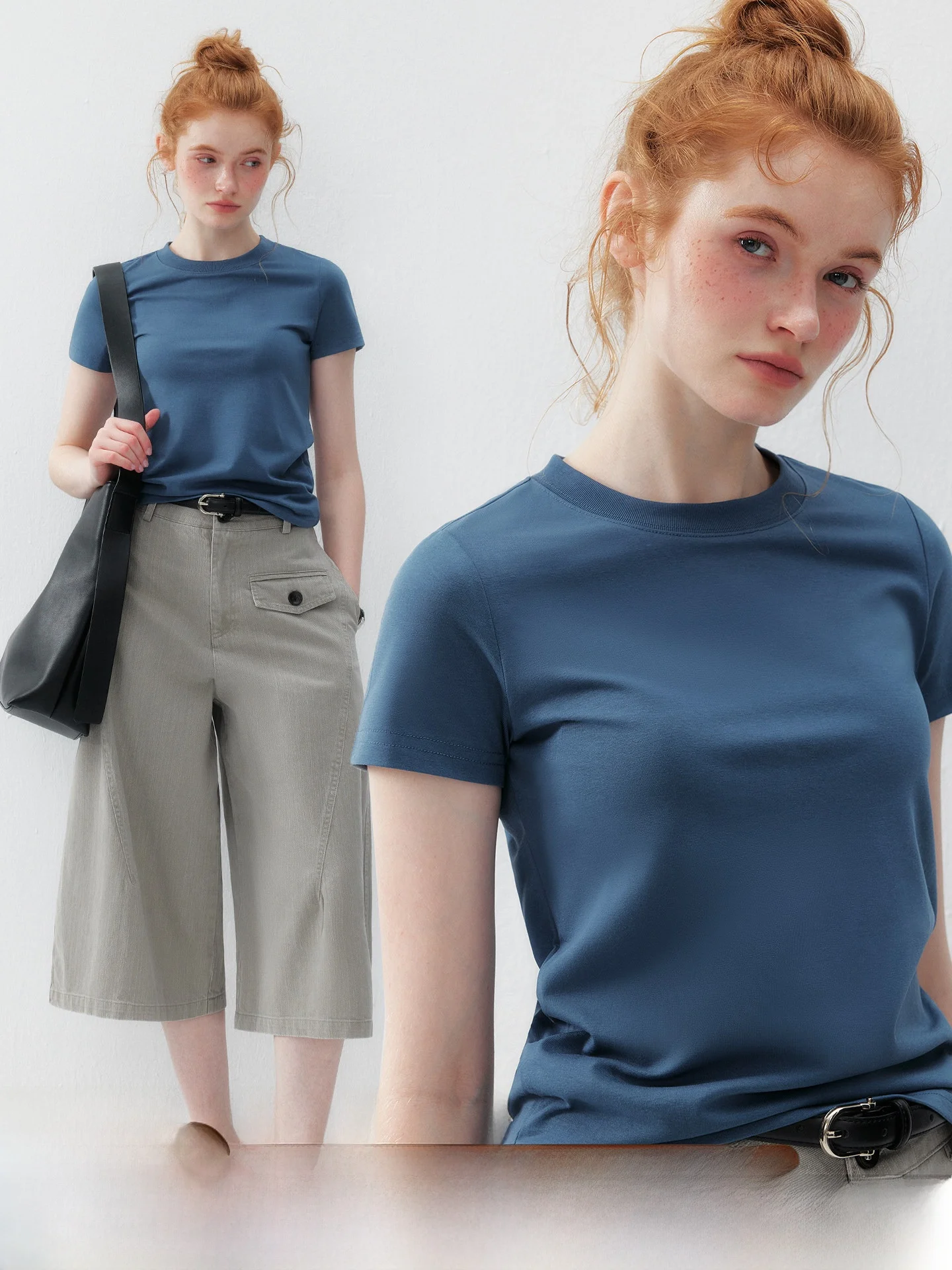 Blue round Neck Short Sleeve T-Shirt Women's Summer Korean Style Elastic Cool Feeling Versatile plus Size Cotton Top