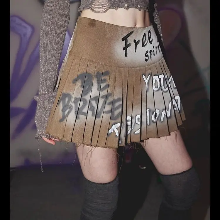 Subculture Wasteland American Retro High Waist Skirt Street Hot Girl Graffiti Trendy Brand Pleated Skirt Women's Short Skirt
