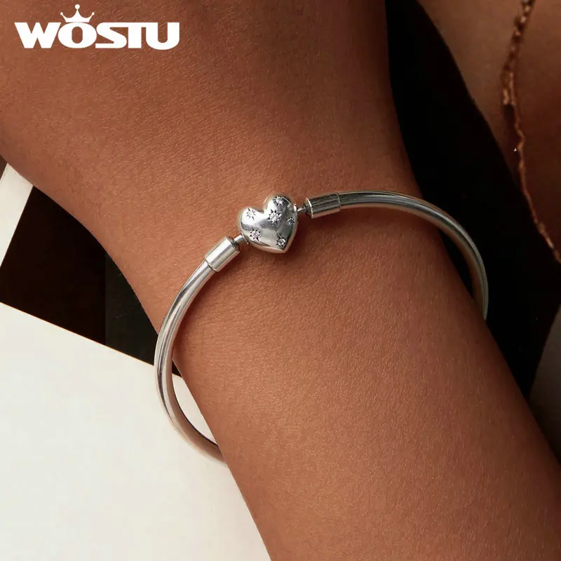 WOSTU Real 925 Sterling Silver AAA Zircon Star Bangle Bracelet Simple Basic Bangles Fit Original Charms Beads DIY Gift for mom