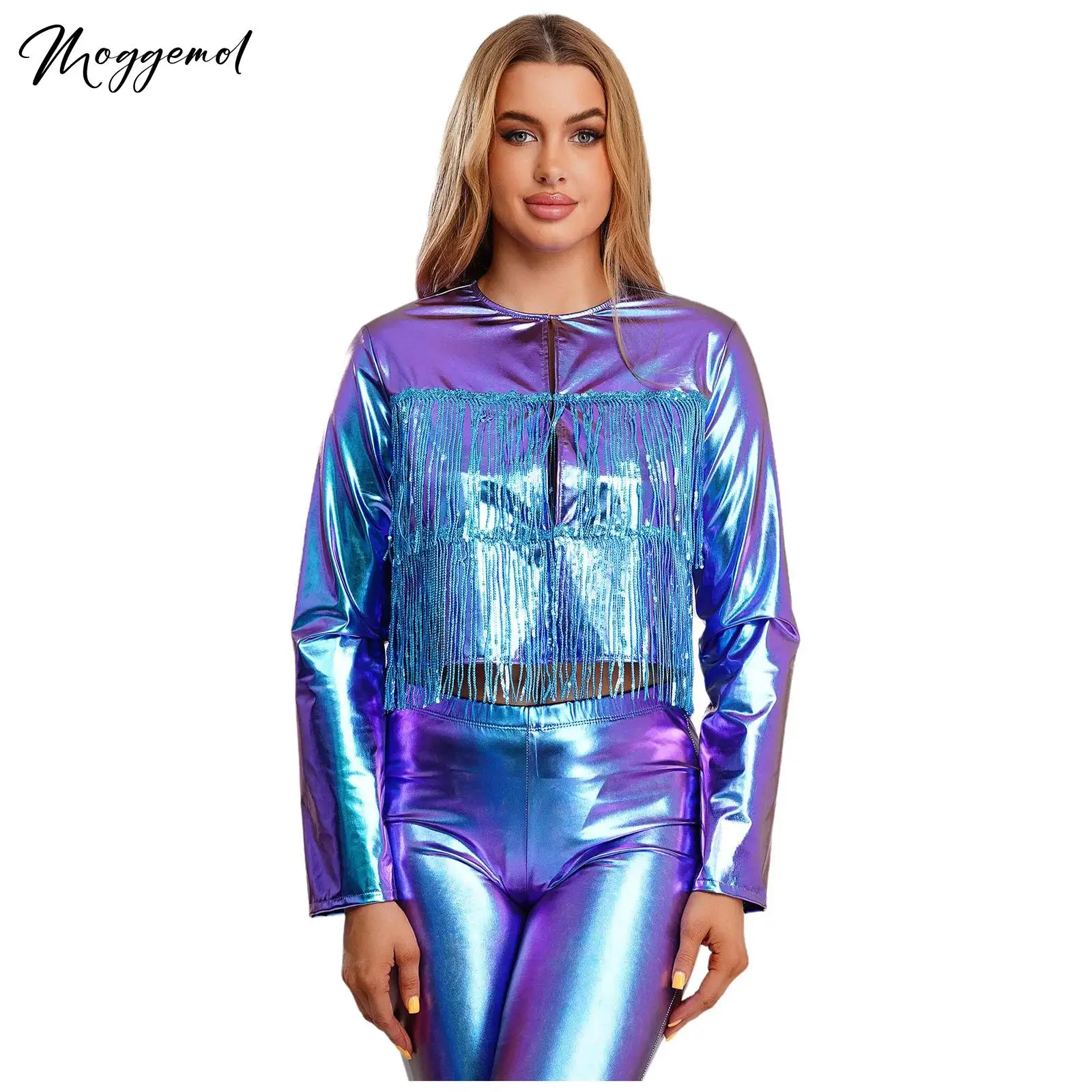 

Женская блестящая куртка с металлической бахромой, многоуровневое пальто с блестками и кисточками, длинным рукавом и круглым вырезом для пастушки, тематическая вечеринка, рок, джаз, танец