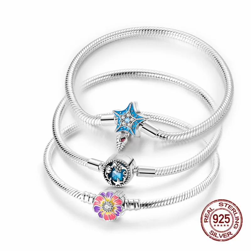 

Bracelet Silver 925 Original 17-20 Snake Chain Starfish Sea Snail Zircon for Charms Beads Pendant Birthday Jewelry Making Gift