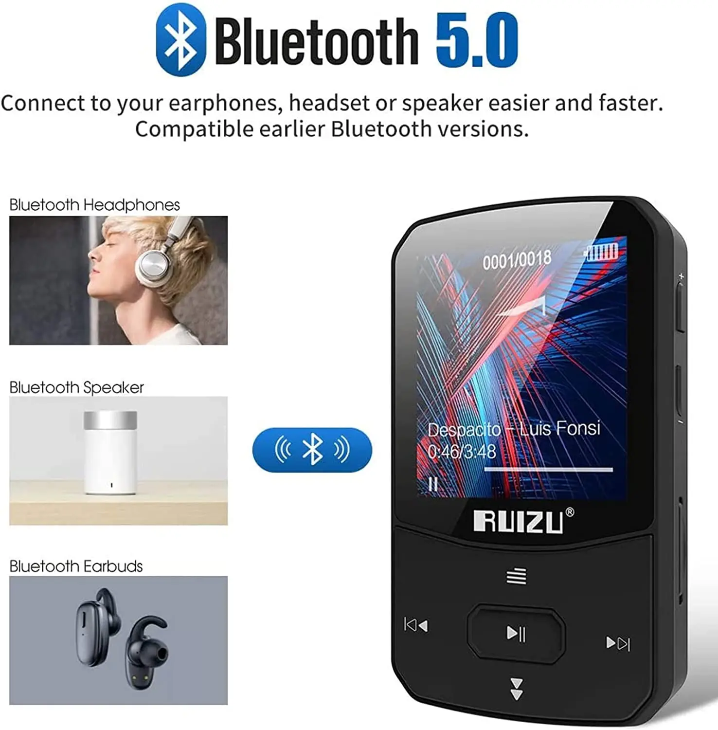 

RUIZU X52 Sport Bluetooth MP3 Player Clip Mini with Screen Support FM,Recording,E-Book,Clock,Pedometer Music Player