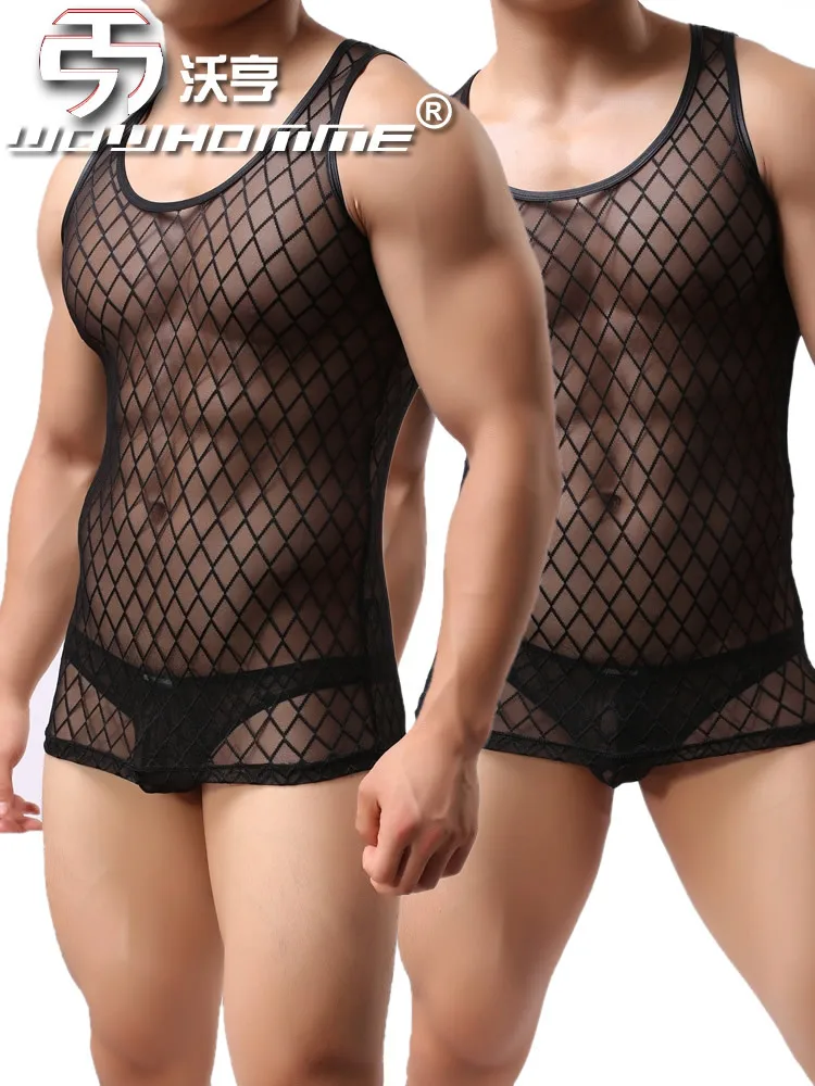 Homme Sexy Underwear for Young Men's Diamond Mesh Transparent Fun Bottom Erotic Vest Sissy Fashion Nightclub Breathable Tank Top