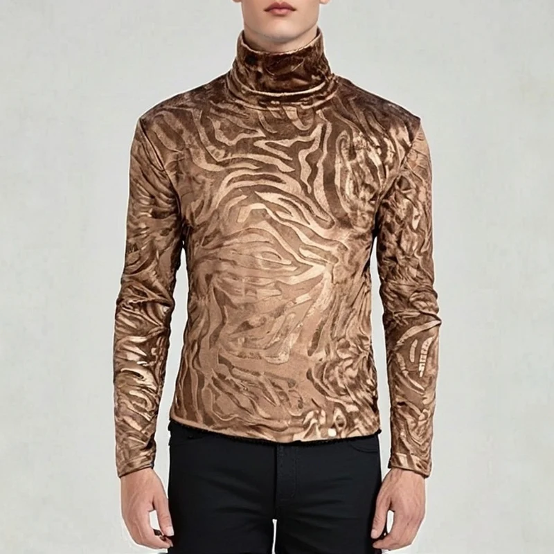 Sexy Long Sleeve Leopard Print Velvet T Shirts for Man Night Club Slim Fit T-Shirt Autumn Winter Turtleneck Warm Bottoming Shirt