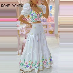 2024 Frauen Allover Print kurze Puff ärmel Crop Tops & Rüschen Dekor Rock Maxi Urlaub Sweety Rock Sets