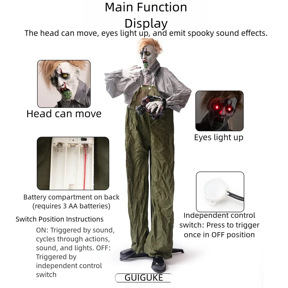 190cm Halloween Zombie Outdoor Electric Decoration with Cat Motion Sensor Activation and Rotating Head for Haunted Houses