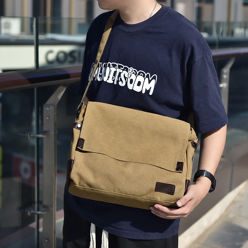 Water-resistant washable canvas men's crossbody bag, casual flap style, rectangular shape, travel single shoulder bag