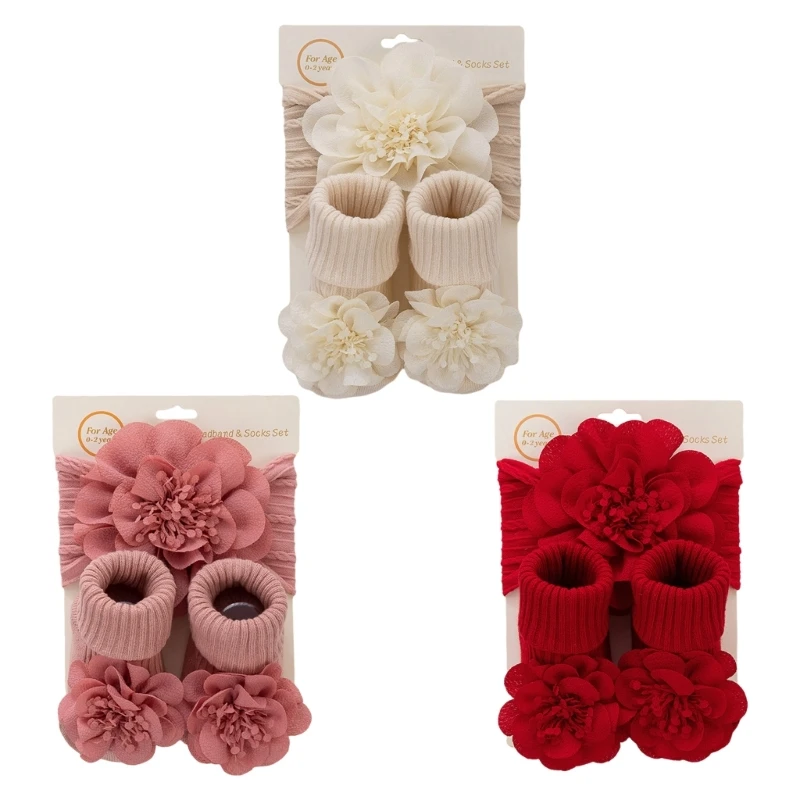 Conjunto calcetines elásticos con diadema flores para recién nacido, diadema elástica, calcetines suelo para bebé, a