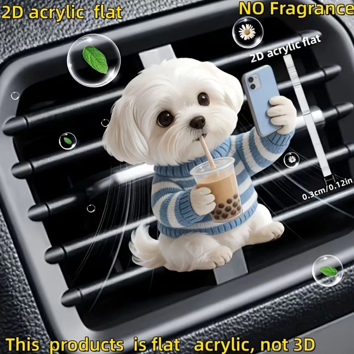 2D Flat Acrylic Car Air Vent Freshener Clip, Cute Maltese Puppy Taking Selfie & Drinking Boba Tea, Auto Decors