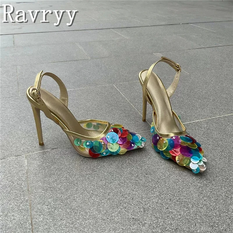 

Designer New Mixed Color Sequin Slingback Sandals Women Pointed Toe Thin High Heels Luxury Party Banquet Stilettos