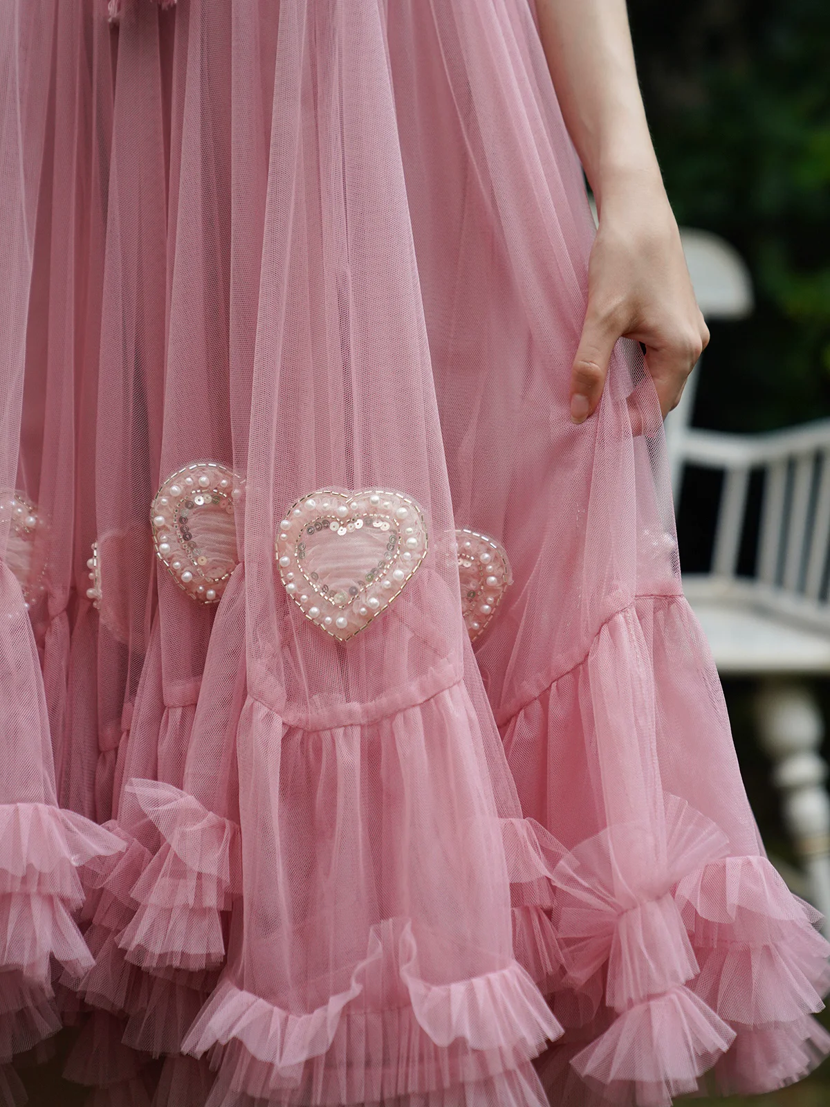 

Spring Summer Women Handmade Bead Embroidery Heart-Shaped Extra-Large Skirt Flounce Apricot Pink Two-Wear Long Midi Skirt