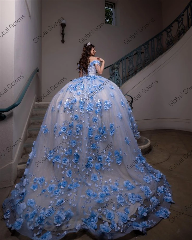 فساتين أميرة قبالة الكتف الكرة فساتين Quinceanera السماء الزرقاء للفتيات مطرز ثلاثية الأبعاد الزهور فساتين حفلة عيد ميلاد الدانتيل حتى الظهر