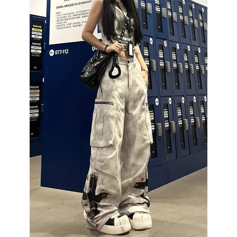 

American Gothic Graffiti Print Pocket Women Retro Distressed Loose Fashion Street Casual High Waist Wide Leg Jeans