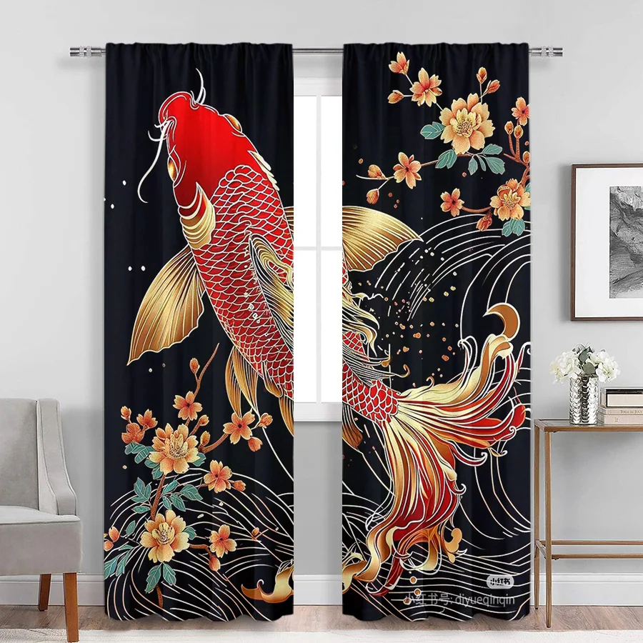 2pcs Japanese Koi Fish Curtains Red Gold Carp Floral Window Drapes Asian Oriental Art Decor Living Room Bedroom