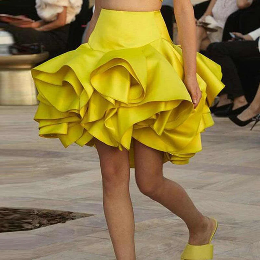 Yellow Ruffles Short Skirts  Women Saias Girls Party Gowns Above Knee Skirt For Lady  Skirt Custom Color And Size