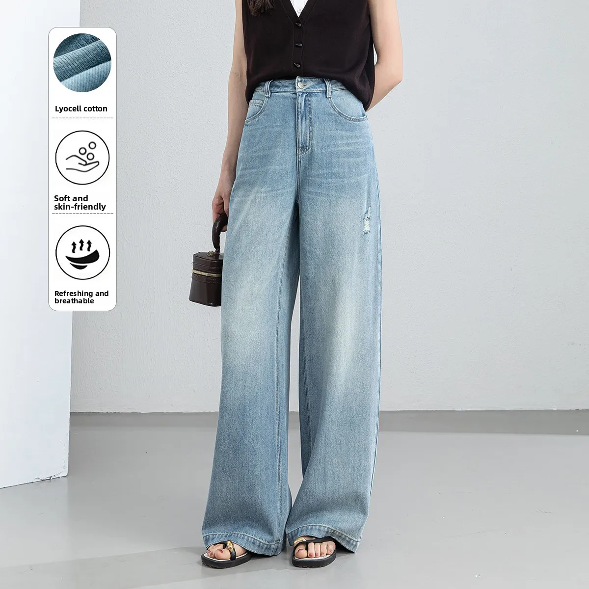 

Джинсы с высокой талией и широкими штанинами, рваные, из лиоцелла, тонкие, прямые, в американском стиле, женские, модные, повседневные, с высокой талией