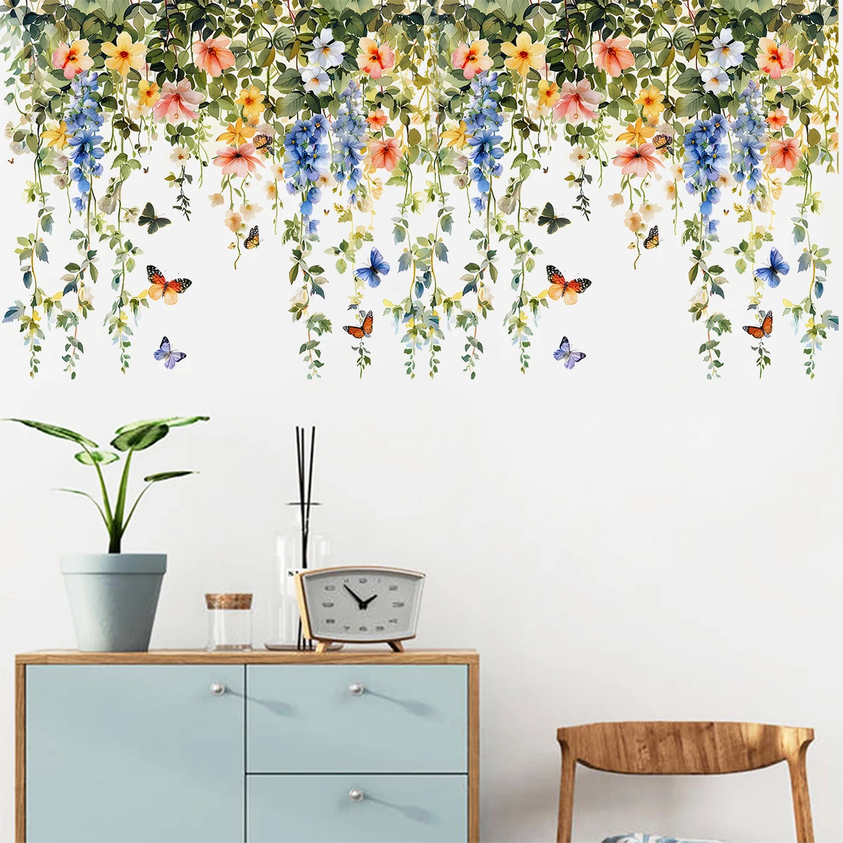 1PC Modern Style Green Plants Vine Flowers DIY Removable Butterfly Art Mural Girl Living Room Office Classroom Home Decoration