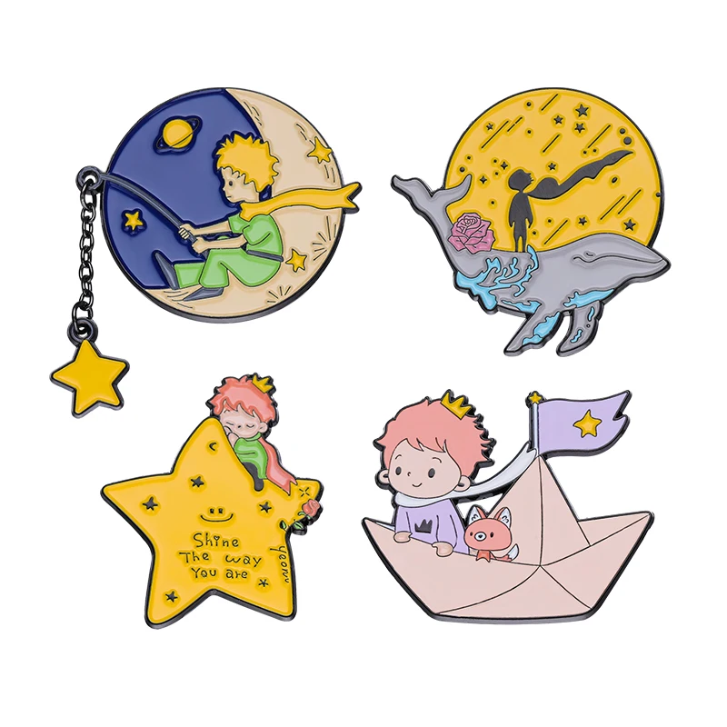 Broches en émail Prince Fox personnalisées, lune, étoile, bateau en papier, baleine, Badges à revers, bijoux de dessin animé, cadeau pour enfants et amis