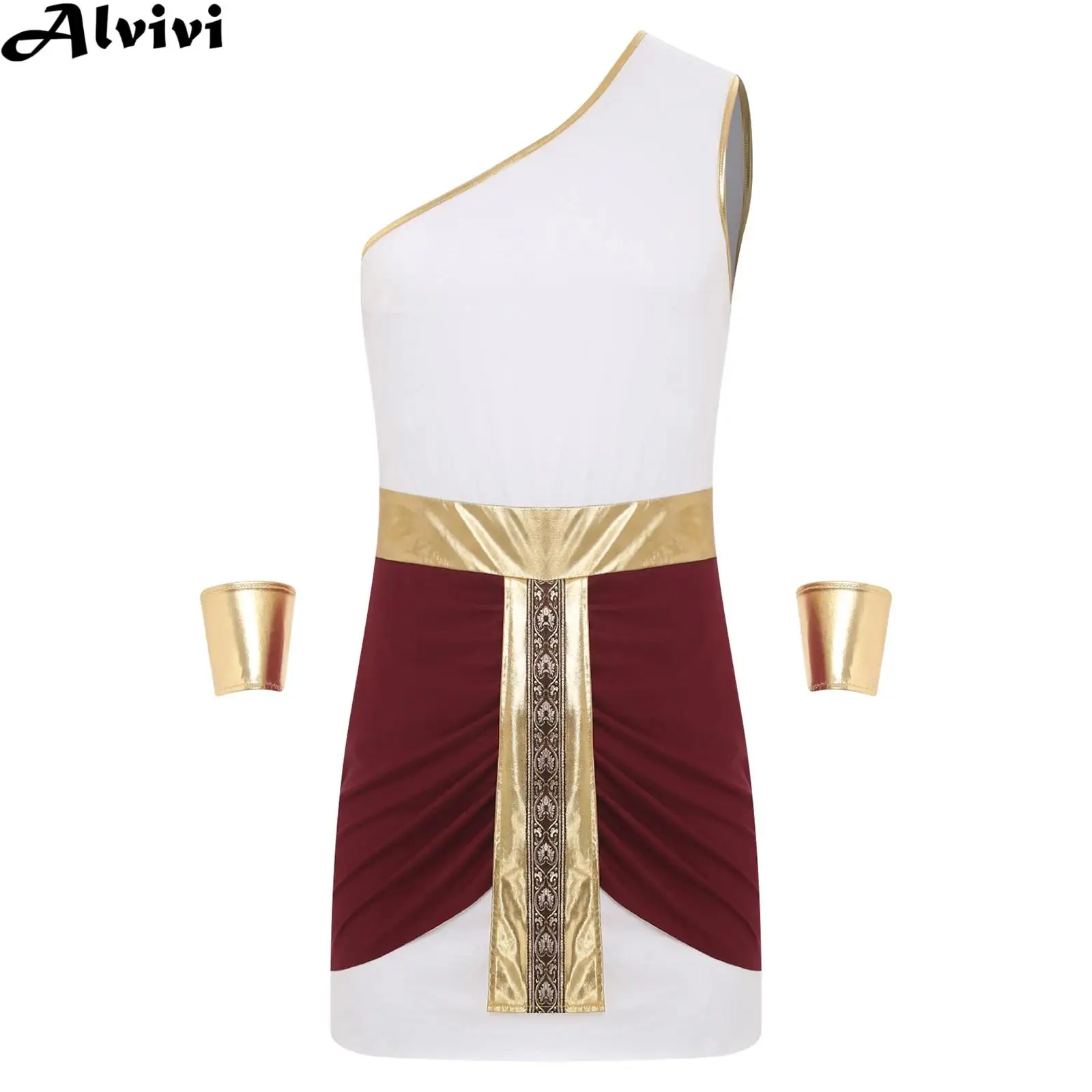 

Men One Shoulder Metallic Ancient Egyptian Toga Robe with Cuffs Halloween Theme Party Egypt Pharaoh King Tut Cosplay Costume