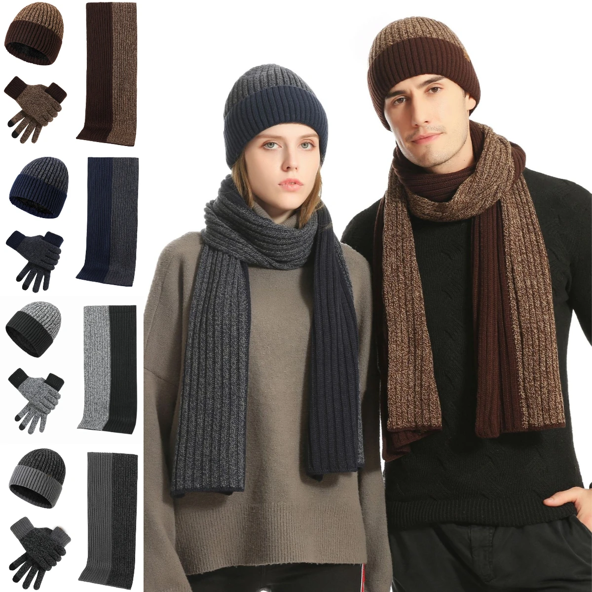 Conjunto de bufanda y guantes de lana para hombre y mujer, gorro de punto de hilo de lana para mantener el calor, silenciador masculino, gorro de Color de contraste, Otoño e Invierno