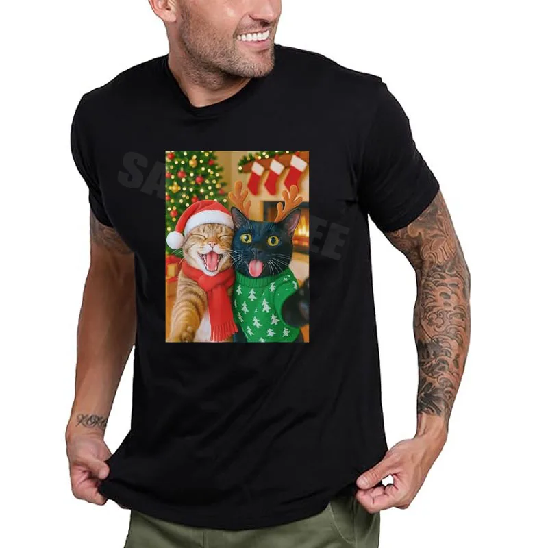 مضحك ميمي القط التقاط صورة شخصية عيد الميلاد عيد الميلاد أضواء عطلة تي شيرت Y2k عيد ميلاد سعيد القط أمي أبي الأزواج الجرافيك تيز الزي