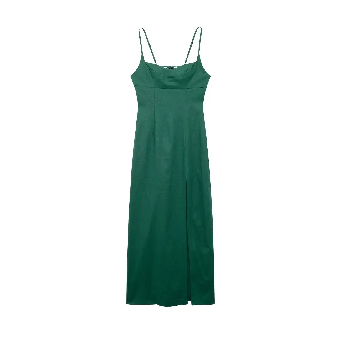 Tangada 2024 Summer Women Green Strap Cotton Linen Dress Female Vintage Long Dress 3h0647