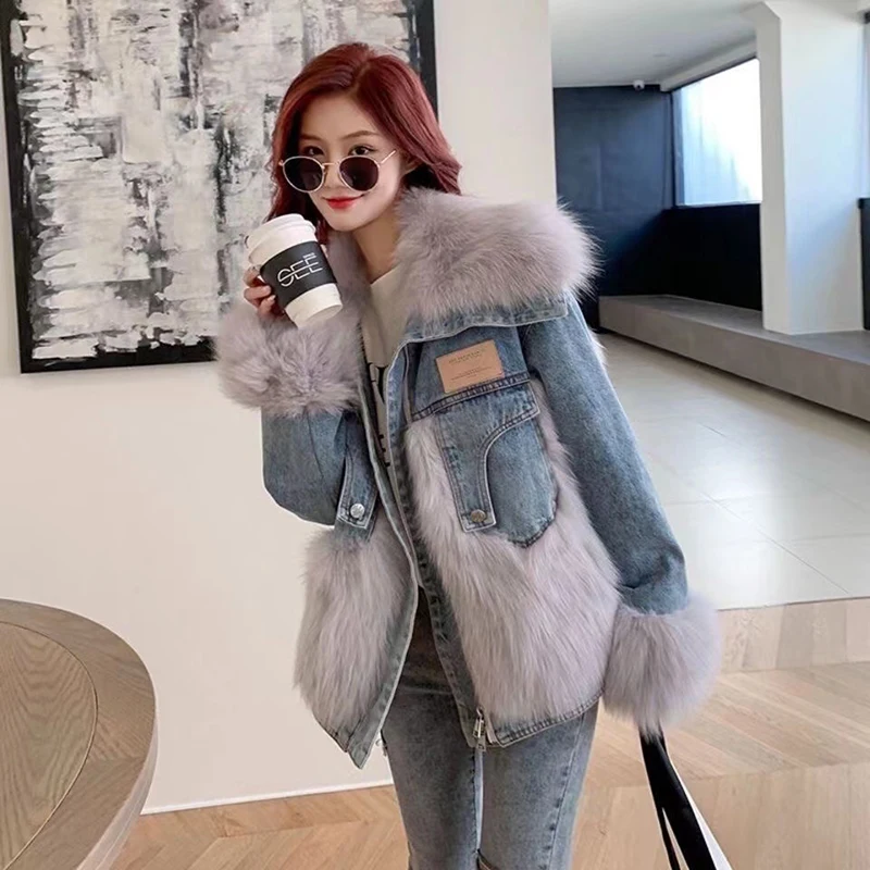 2024 Winter Warm Loose Denim Jacket Women Oversized Fur Collar Plus Velvet Padded Jacket Vintage Cotton Thick Warm Jean Outwear