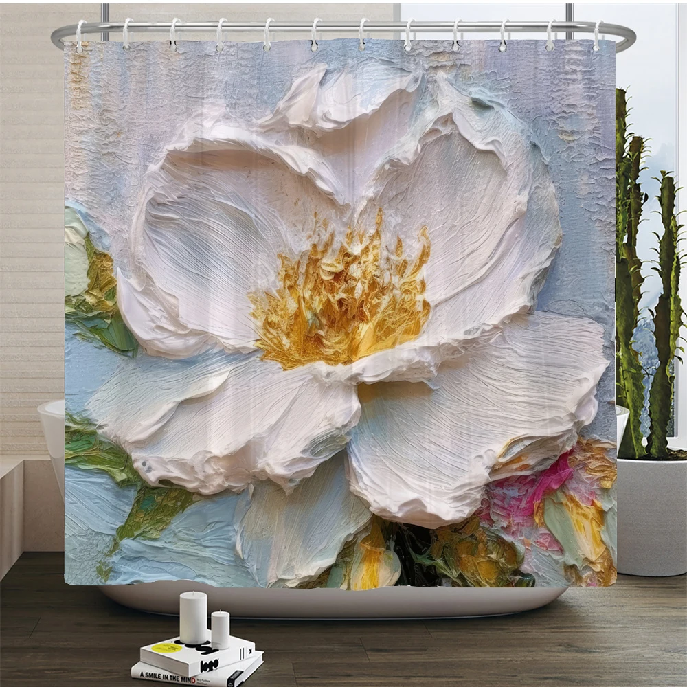 Art Painting Flowers Bathroom Curtain Fabric Cloth Flower Waterproof Shower Curtain Bathtub Curtains With Hooks Home Decor