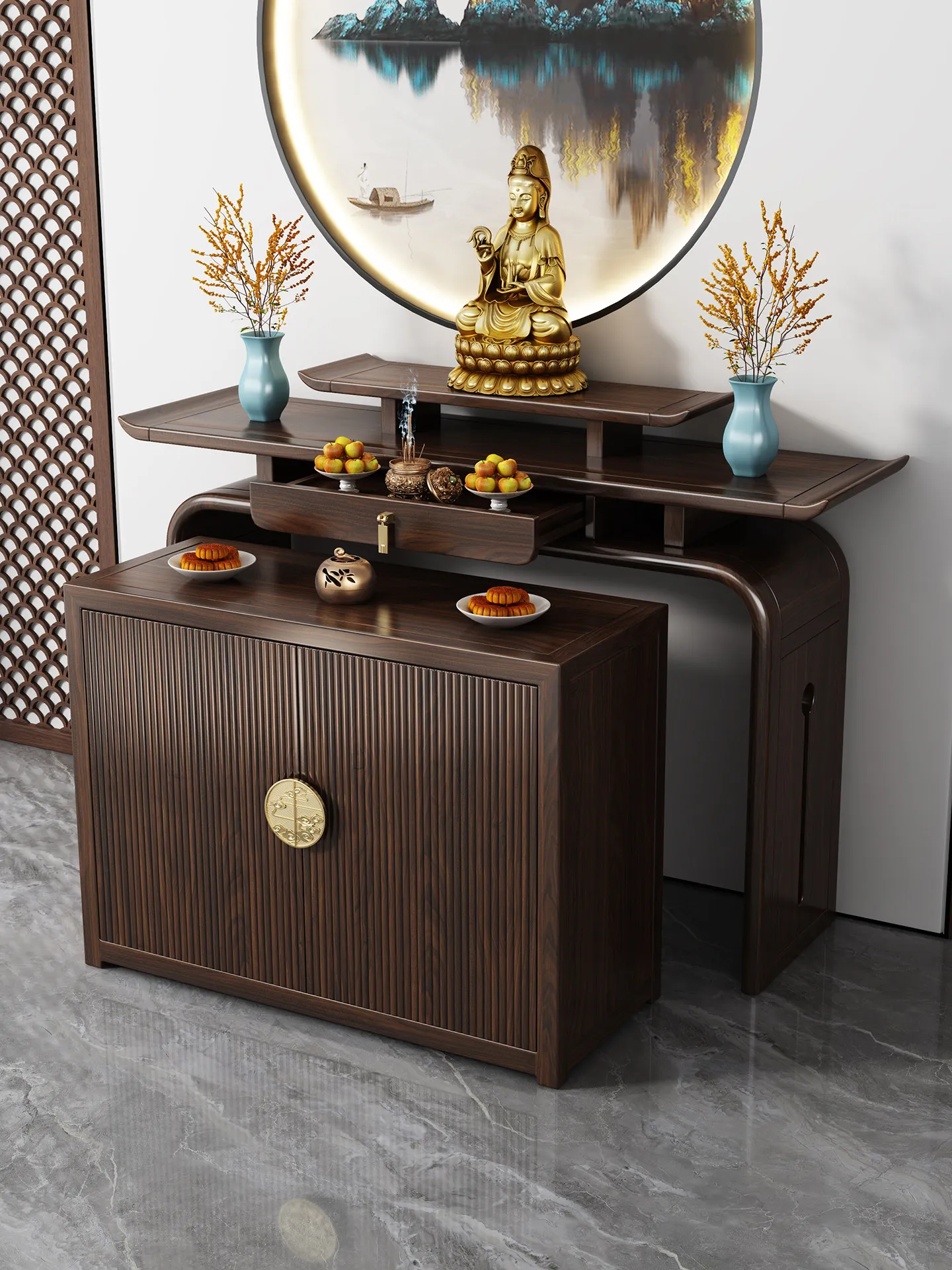 YFY New Chinese-style table Solid wood incense case  entry  Light luxury offering table case  the wall Guanyin God of Wealth