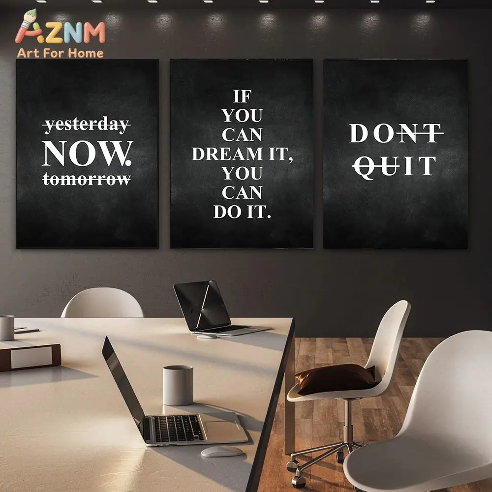 AZNM Motivational Quote Canvas Wall Art Black Background Inspirational Text Print Frameless Canvas Painting Office Workplace Stu